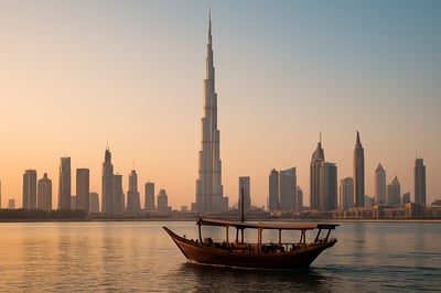 Iconic Dubai skyline with Burj Khalifa and traditional dhow boat