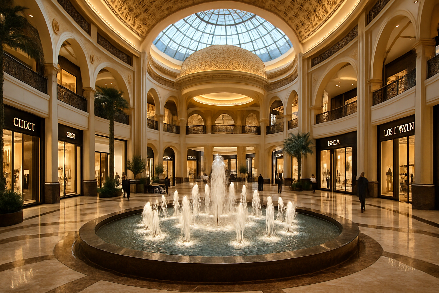 Luxury shopping mall interior with fountains in Dubai