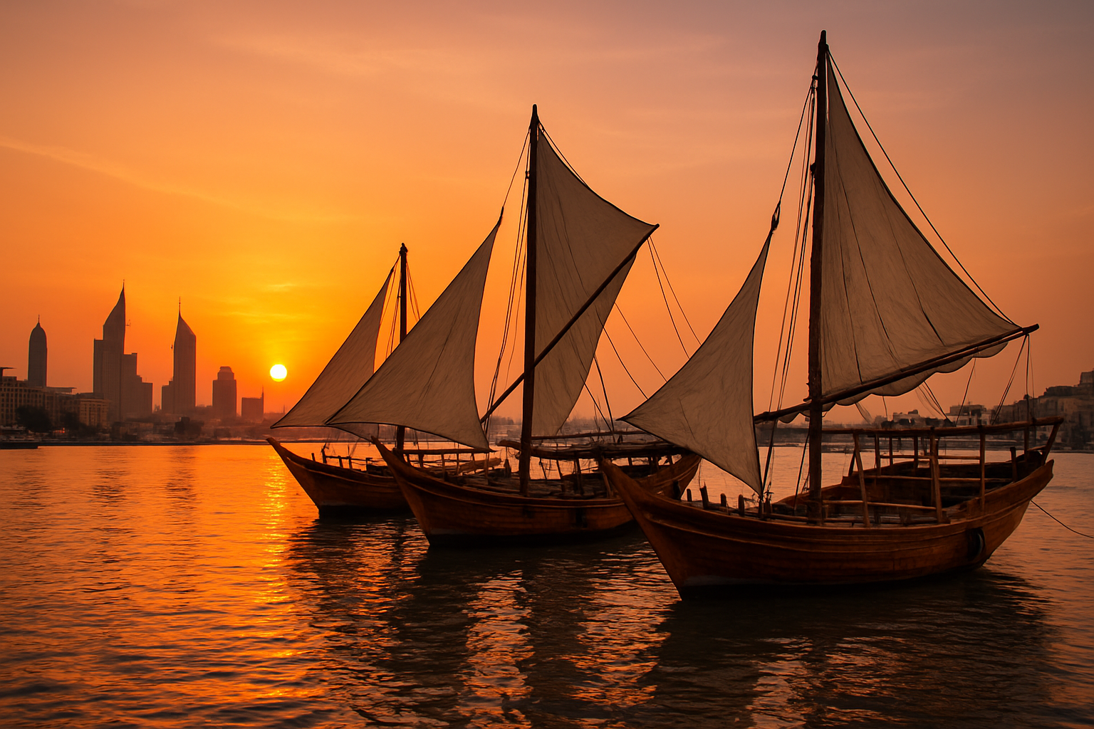 Traditional dhow boats along Dubai Creek at sunset