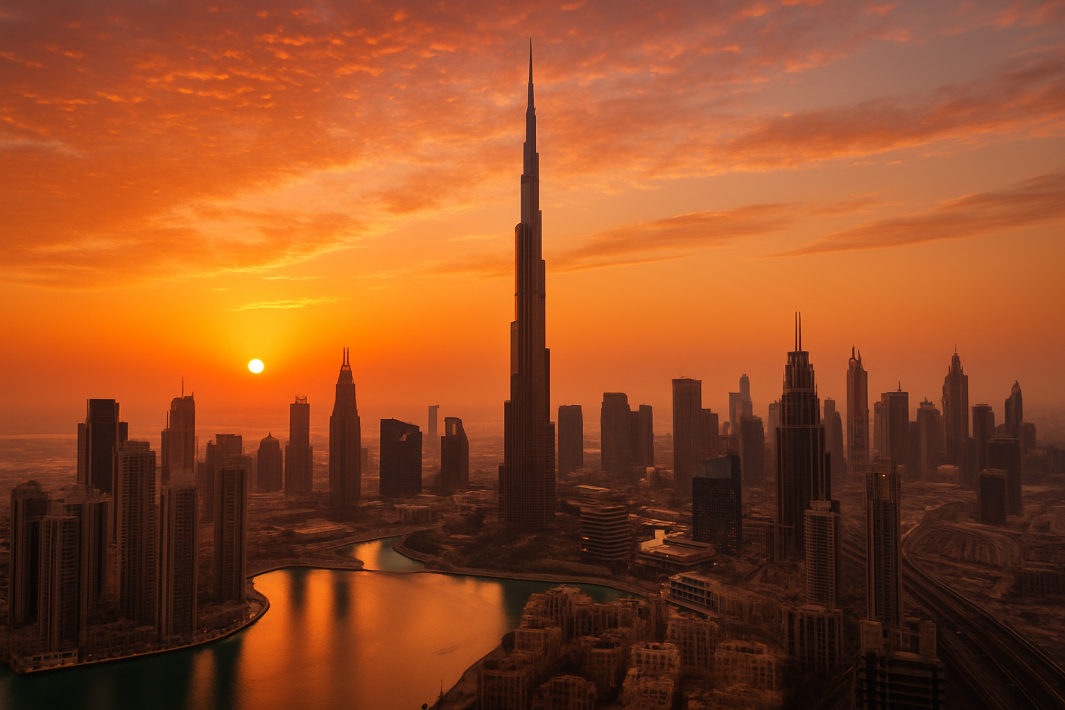 Dubai's iconic Burj Khalifa and skyline at sunset